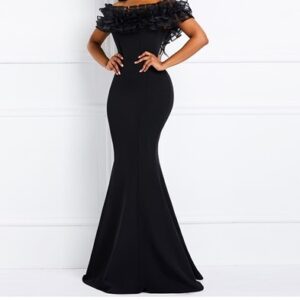 High Waist Off Shoulder Elegant Evening Dress - Black, 2XL