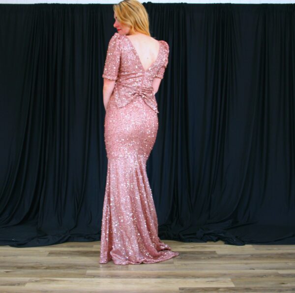 Shimmering Sequin V Neck Short Bow Evening Dress - Image 5