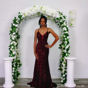 Deep V Neck Burgundy Sequins Long Prom Dress