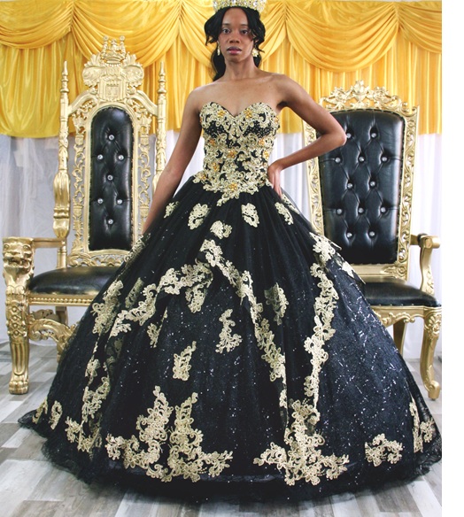 Glittering Quinceanera/Prom Beading Crystals Golden Lace Gown