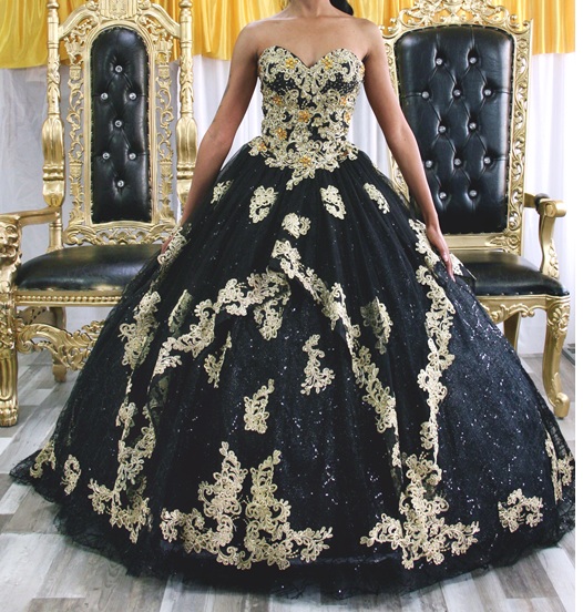 Glittering Quinceanera/Prom Beading Crystals Golden Lace Gown - Image 2