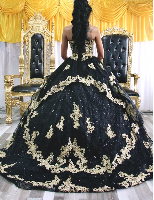 Glittering Quinceanera/Prom Beading Crystals Golden Lace Gown - Image 4