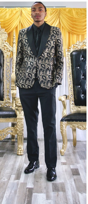 2026 Two Pieces Gold & Black Jacquard Men Suit - Image 2